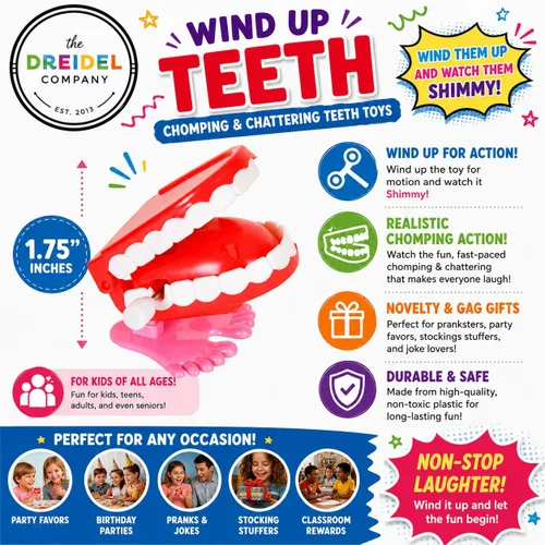 Vista 4 de The Dreidel Company Juguetes de dientes que muerden y parlotean los dientes para niños, recuerdos de fiesta de cumpleaños, regalos novedosos