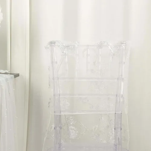 Vista 8 de Efavormart Funda de encaje bordada con lentejuelas florales de organza blanca, cubierta de encaje para silla de boda