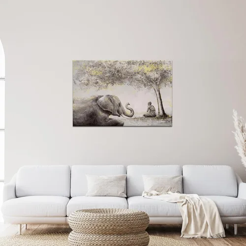 Vista 4 de sechars Lienzo decorativo zen pacífico de elefante y monje meditando, pintura de arte giclée para yoga, sala de masaje, decoración de oficina