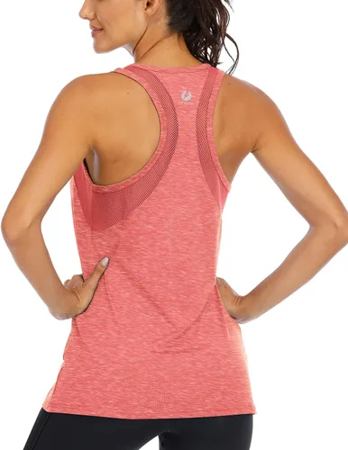Vista 15 de ICTIVE - Camiseta sin mangas de entrenamiento para mujer, ajuste holgado, malla de yoga, espalda cruzada, espalda abierta Albaricoque