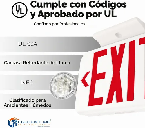 Vista 4 de LFI Lights® - Señal de salida roja combinada con luces de emergencia Carcasa blanca Todos los LED Dos cabezales redondos ajustables cableado