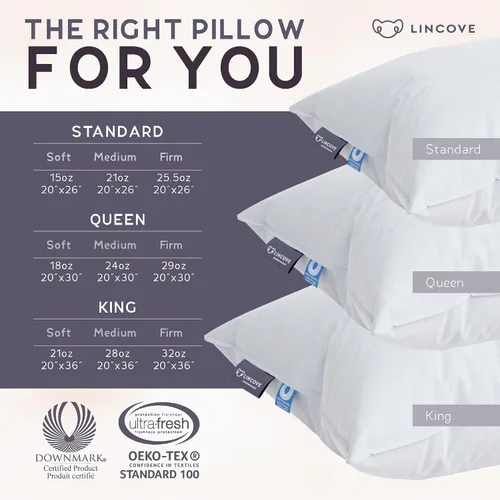 Vista 8 de Lincove Signature - Almohada de plumón 100% blanca canadiense, almohada de lujo para dormir de espalda, estómago y de lado, almohada de cama de 800
