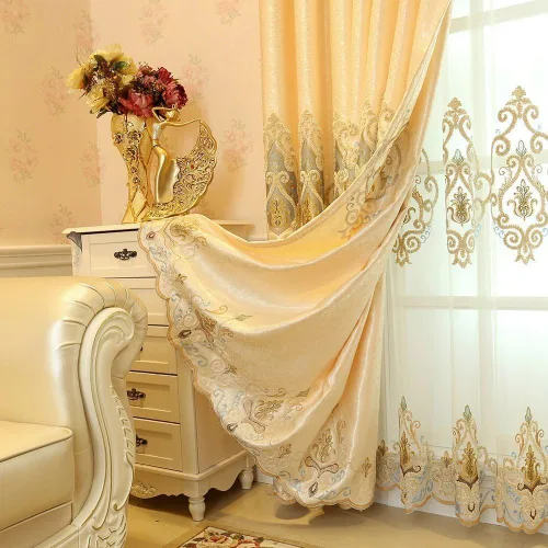 Vista 2 de MYRU 1 par de cortinas de estilo europeo para sala de estar, oscurecimiento de la habitación, cortinas doradas de lujo para ventana pequeña