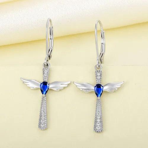 Vista 4 de YL Pendientes de cruz de plata de ley 925 con alas de ángel, pendientes de lágrima y piedras natales colgantes, Metal