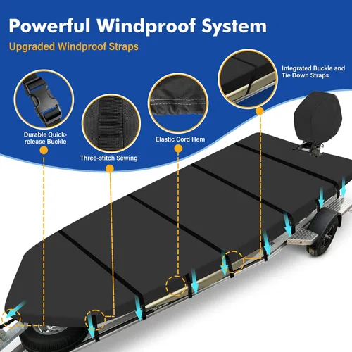 Vista 4 de 1200D Cubierta para bote Jon, tecnología impermeable compuesta con cubierta anti-UV para remolque, amarre, almacenamiento, apta para bote Jon de 16