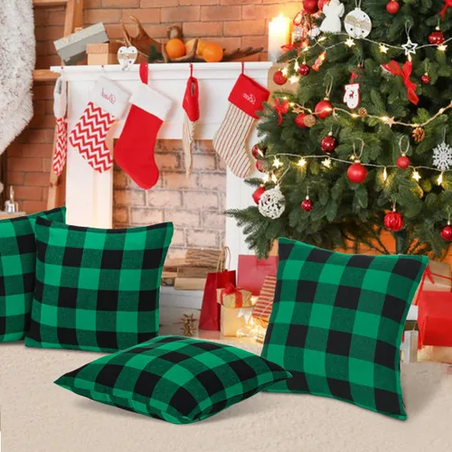 Vista 7 de Cootato Fundas de almohada de Navidad, juego de 4 fundas de almohada a cuadros verdes y negros, 20 x 20 pulgadas, fundas de almohada de algodón