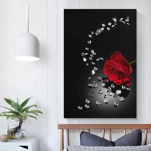 Vista 5 de Póster de rosa roja en blanco y negro, pintura en lienzo, arte de pared, sala de estar, dormitorio, decoración del hogar, mural, 12 x 18 pulgadas