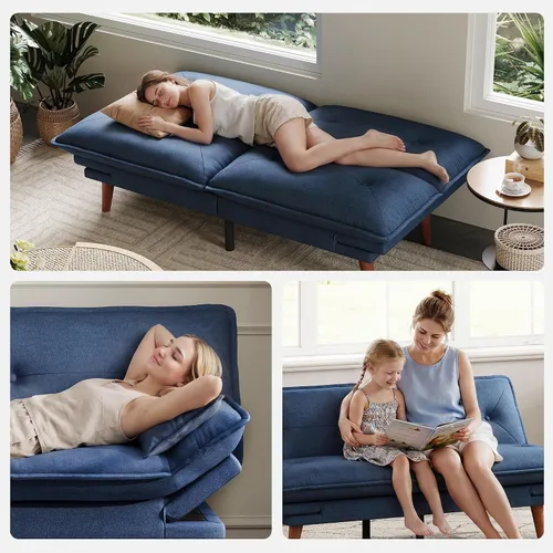 Vista 7 de LINSY HOME Sofá cama futón, sofá futón de felpilla de 70 pulgadas con respaldo ajustable, cómodo sofá cama convertible 3 en 1 para espacios Azul