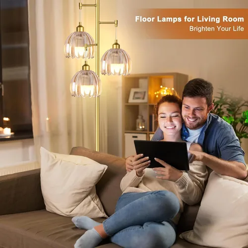 Vista 4 de ZECOXOL Lámparas de pie doradas para sala de estar dormitorio - Lámpara de pie de vidrio de 3 luces con tres bombillas LED, lámpara de pie alta