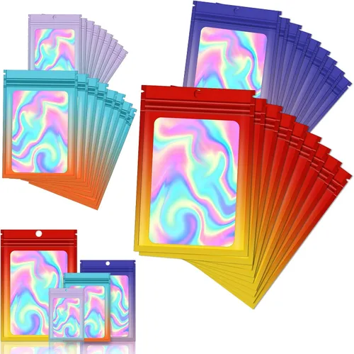 Vista 18 de 120 bolsas de tereftalato de polietileno a prueba de olores, bolsa de embalaje holográfica resellable con ventana transparente para alimentos