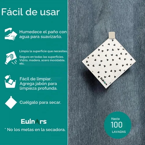 Vista 7 de Eulnars - Toallas de papel reutilizables, paquete de 8 paños de cocina suecos con 3 clips, negro y blanco, algodón, 200 lavados Negro Blanco