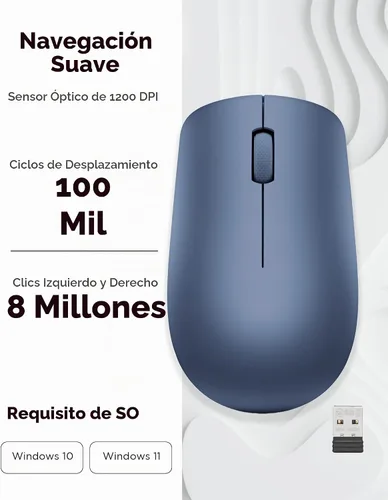Vista 3 de Ratón inalámbrico Lenovo 530 con batería, Nano USB de 2.4GHz, sensor óptico de 1200 DPI, ergonómico para mano izquierda o derecha, ligero