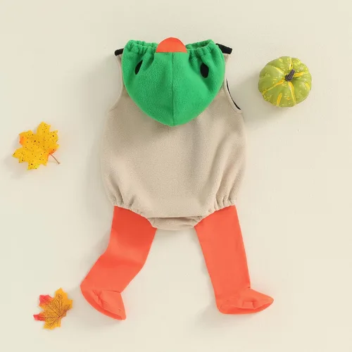 Vista 4 de Disfraz de Halloween para bebé, niño, niña, con capucha, sin mangas, overol con leggings, disfraz de Halloween Disfraz de pato verde