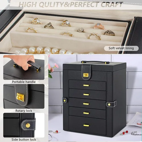 Vista 5 de AKOZLIN Joyero grande organizador funcional con cerradura con espejo grande, estuche de almacenamiento de joyas de cuero para mujeres y niñas
