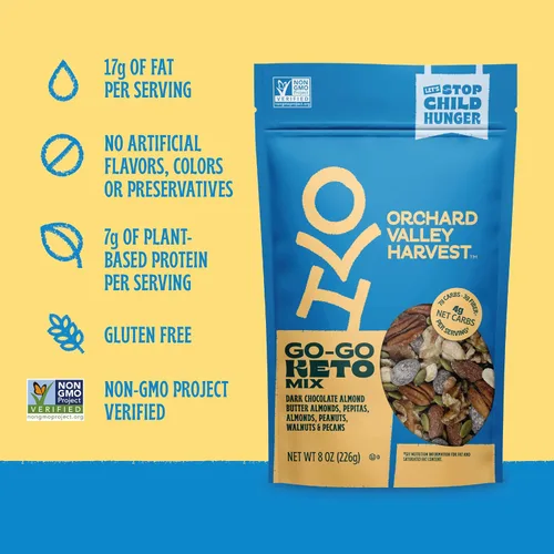 Vista 5 de Orchard Valley Harvest Go-Go Keto Mix, almendras de mantequilla de almendras de chocolate oscuro, cacahuetes, nueces y nueces, baja