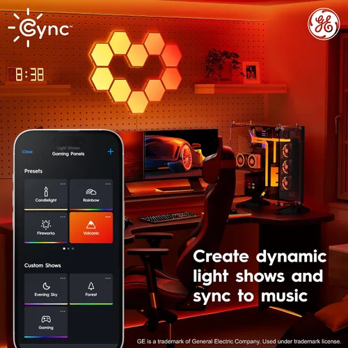 Vista 3 de Cync GE Dynamic Effects - Luces LED hexagonales inteligentes con WiFi que cambian de color, paneles de luz de pared para decoración de habitación