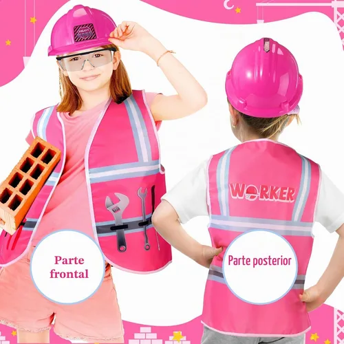Vista 5 de Handepo Disfraz de trabajador de la construcción con sombrero duro, chaleco de construcción, gafas, conjunto de disfraz para fiesta de cumpleaños