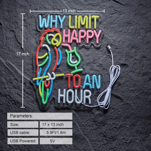 Vista 2 de Letrero de barra con texto en inglés «Why Limit Happy To An Hour Beer Tiki Cian+amarillo