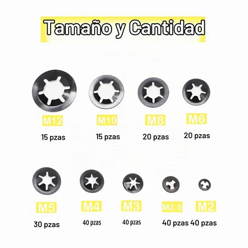 Vista 2 de Kit de surtido de 260 piezas [9 tamaños] de arandelas de seguridad con dientes internos Starlock negras, M2/M2.5/M3/M4/M5/M6/M8/M10/M12