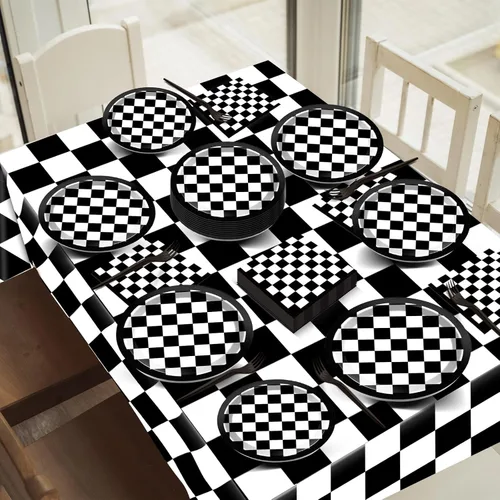 Vista 6 de ZOIIWA Juego de vajilla de 123 piezas de decoración de fiesta de carreras a cuadros en blanco y negro con platos temáticos de carreras, pancartas