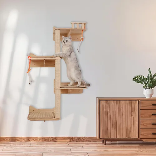 Vista 7 de Árbol para gatos montado en la pared, 7 estantes y perchas de pared para gatos con postes rascadores altos de sisal, árbol de escalada para gatos