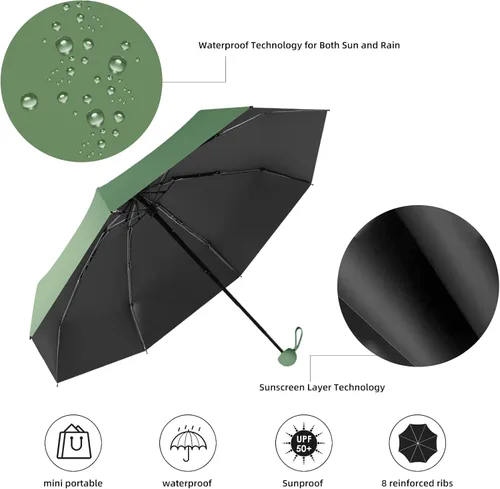 Vista 3 de Trenovo Paraguas de viaje Mini paraguas compacto plegable con funda, 8 varillas, paraguas portátil ligero, paraguas pequeño para sol y lluvia