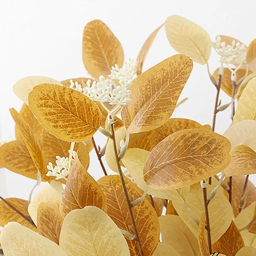 Vista 8 de Emivery Tallos de hojas de eucalipto de otoño, 6 tallos artificiales de follaje de otoño, ramas de eucalipto sintético naranja, decoraciones