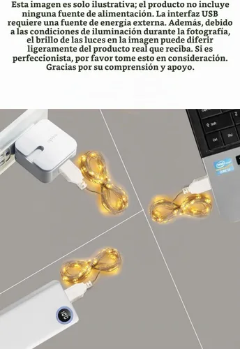 Vista 2 de Paquete de 3 luces de hadas USB, luces de cadena alimentadas por USB, color amarillo cálido, 2 metros, 20 lámparas con cuentas, luces LED
