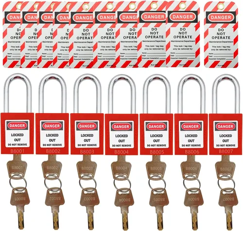 Vista 10 de SAFBY Loto - 7 candados de bloqueo diferentes con llave con 10 etiquetas de bloqueo, candados seguros para estaciones y dispositivos con 7 números
