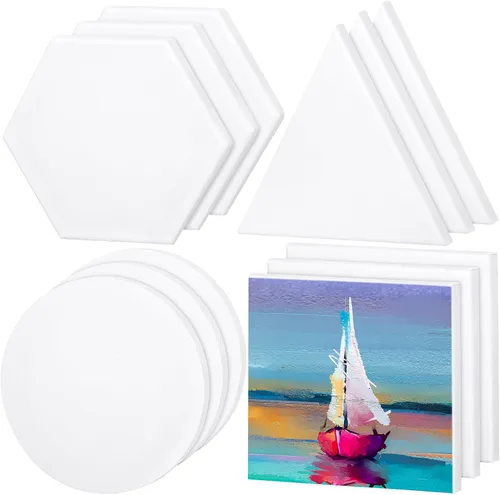 Vista 8 de Aodaer 12 lienzos estirados para pintar paneles de lienzo en blanco de 6 pulgadas, triángulo, cuadrado, hexágono, forma redonda, lienzos