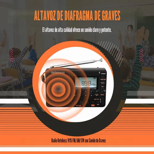 Vista 4 de Retekess Radio de onda corta V115, Radio Digital AM FM, receptor de onda corta con batería recargable de 1000 mAh, preajustes, reproducción