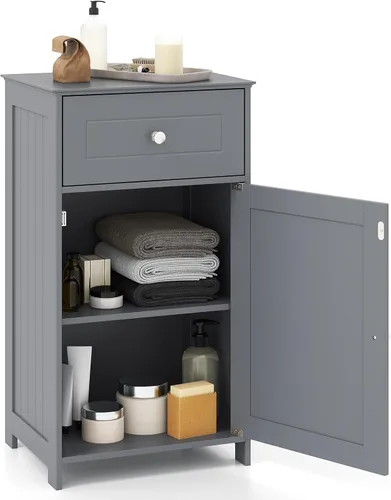 Vista 10 de GLACER Armario de suelo de baño, gabinete de almacenamiento lateral de una sola puerta con cajón, organizador de almacenamiento de madera para baño