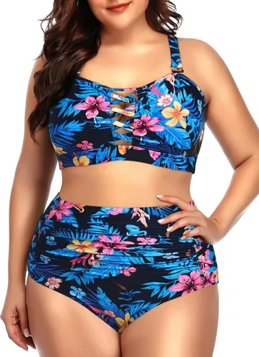Vista 13 de Daci - Traje de baño de dos piezas para mujer, talla extragrande, cintura alta, fruncido, con cordones Negro