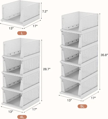 Vista 6 de Paquete de 5 cestas de almacenamiento apilables de plástico para armario, organizador inferior superior de armario y almacenamiento, cestas
