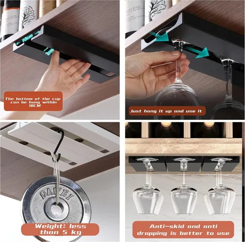 Vista 3 de Soporte para copas de vino, paquete de 2 soportes para copas de vino debajo del gabinete (negro) No-drilling Wine Glass Rack, Quick to Install