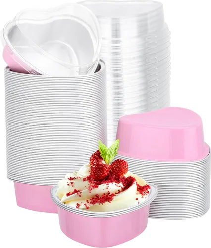 Vista 12 de EUSOAR Moldes para hornear en forma de corazón, de papel de aluminio, de 3.4 onzas, con tapas, aperitivos, postres, flan, cupcakes, tartas, ramekin