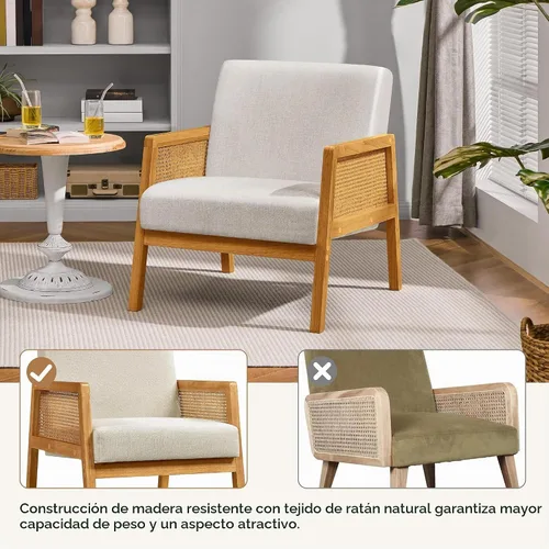 Vista 7 de Yaheetech Silla decorativa, sillón moderno de ratán, cómoda silla de lino con patas de madera para sala de estar, dormitorio, sala de lectura Beige