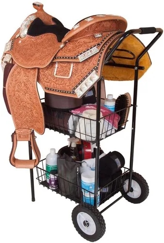 Vista 2 de Easy-Up Mostrar carrito con soporte para sillín Práctico carrito de exhibición, cestas dobles, estante para sillín de montar, ruedas de 8