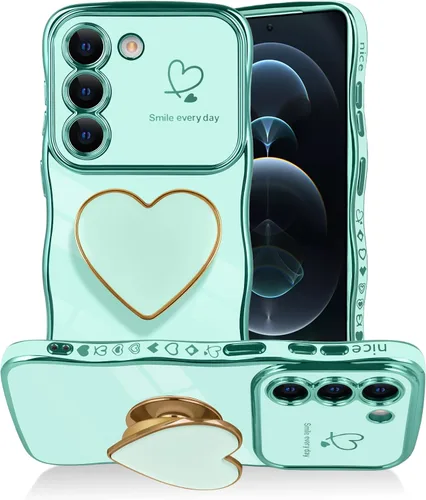 Vista 30 de Funda para Samsung Galaxy S22 Love-Heart Holder Case Cute Black Luxury Wave Frame forma rizada con corazón de amor, cubierta protectora de TPU suave