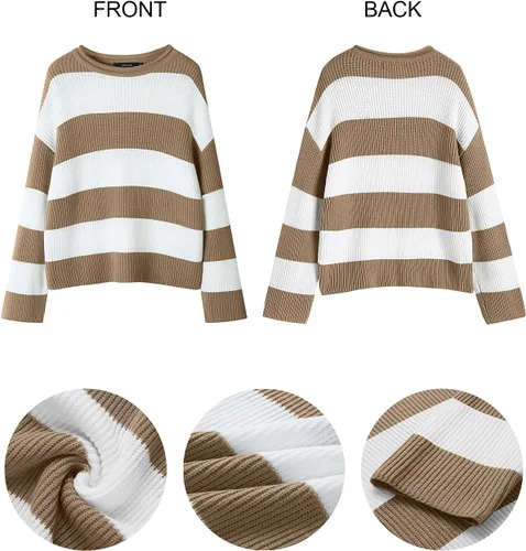 Vista 4 de ZESICA Suéter de punto de manga larga para mujer, cuello redondo, a rayas, bloque de color, cómodo, holgado, de gran tamaño, para otoño 2024