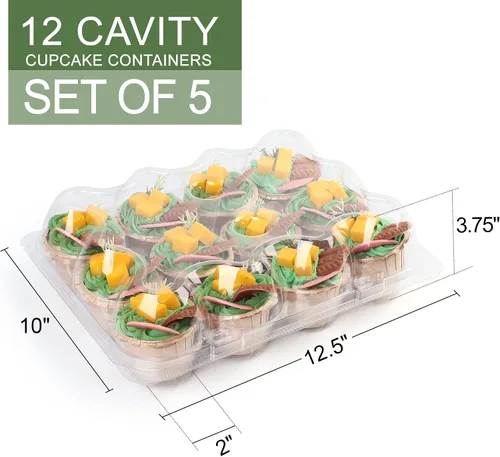 Vista 2 de LotFancy (12 unidades x 5 juegos) recipientes para cupcakes con 60 forros, cajas apilables de plástico, soporte desechable para magdalenas con tapa