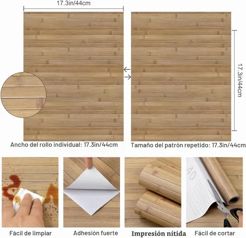 Vista 5 de Pole Wrap - Papel tapiz de bambú a rayas para despegar y pegar, papel de contacto de madera sintética texturizada, 17.3 x 120 pulgadas, listones