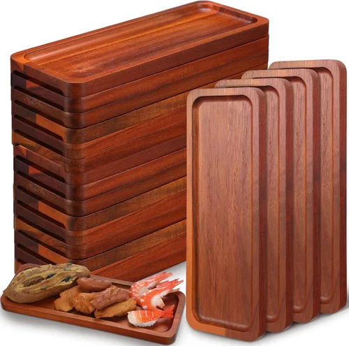 Vista 8 de Skylety Paquete de 15 bandejas de madera maciza para servir grandes de acacia para fiestas, tablero rectangular de charcutería con mango ranurado