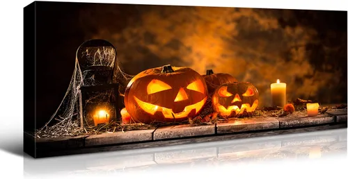 Vista 24 de Denozer - Decoración de pared de calabaza de Halloween, pósteres de regalo, decoración del hogar, arte de pared, imágenes en lienzo HD, estiradas