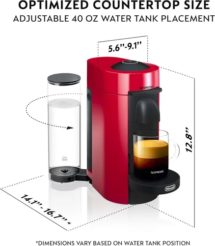 Vista 4 de Nespresso VertuoPlus - Máquina de café y espresso de De'Longhi con espumador de leche Aeroccino, color rojo cereza