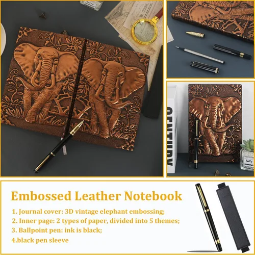 Vista 5 de FEIDIAO Cuaderno vintage de cuero con relieve de elefante con bolígrafo/funda para bolígrafo, cuaderno de tapa dura A5, para bloc de notas