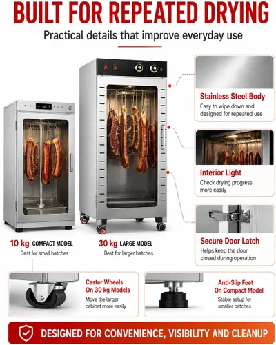 Vista 7 de Stainless Steel Food Dehydrator for Meat, 1600W Commercial Jerky Dehydrator with 22/66 lb Capacity, Rotating Hanging Hooks, Adjustable Temperature