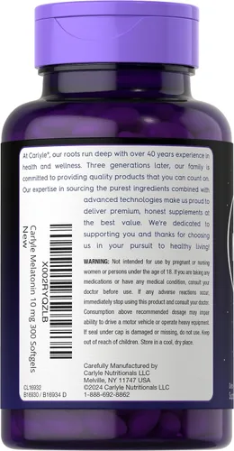 Vista 3 de Carlyle Melatonina 10 mg 300 cápsulas blandas Apoyo de fuerza extra para adultos Suplemento sin OMG, sin gluten