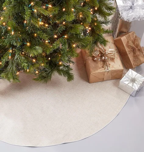 Vista 7 de SARO LIFESTYLE Falda de lino para árbol de Navidad – Colección Toscana – Natural con ribetes dorados – Decoración clásica de granja navideña, 56