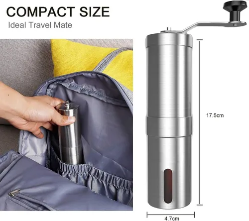 Vista 2 de Molinillo de café manual, molinillo de café portátil de mano con ajuste ajustable, molinillo de rebabas de cerámica cónica de acero inoxidable